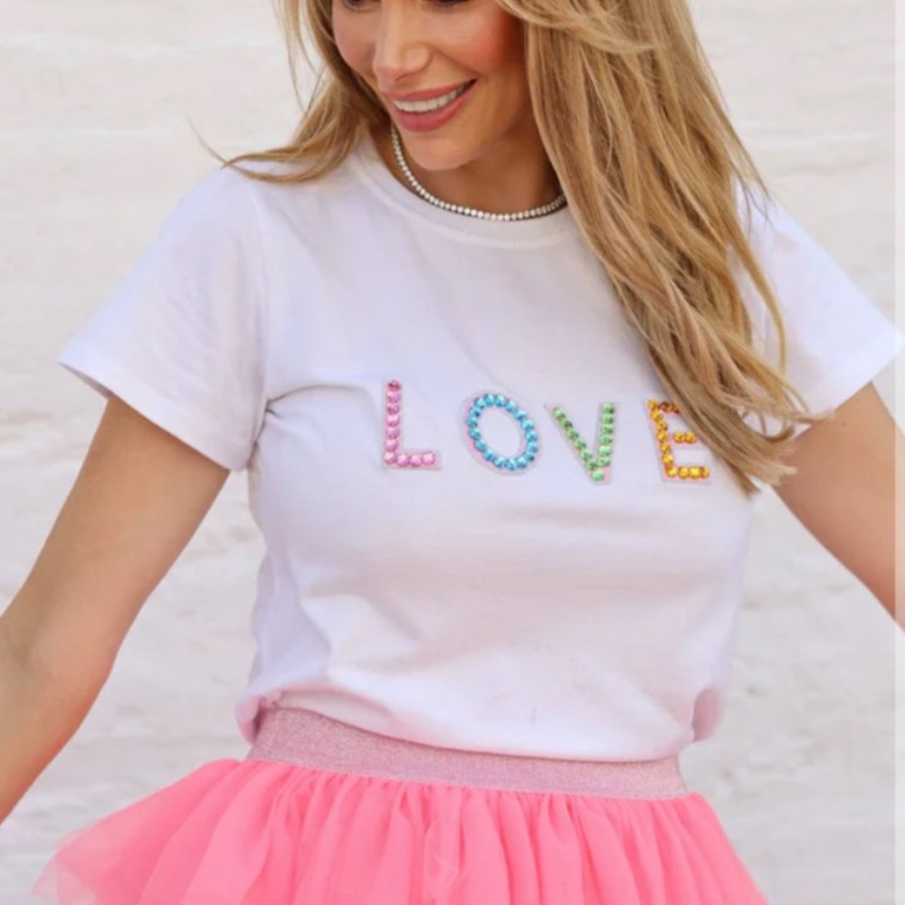 Lola + The Boys White Tee with Multicolor LOVE Embroidery